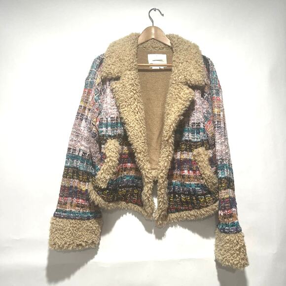 Anthropologie Cropped  Faux Shearling Fur Sherpa Cuffs Tweed Sweater Coat Size L - Picture 5 of 11